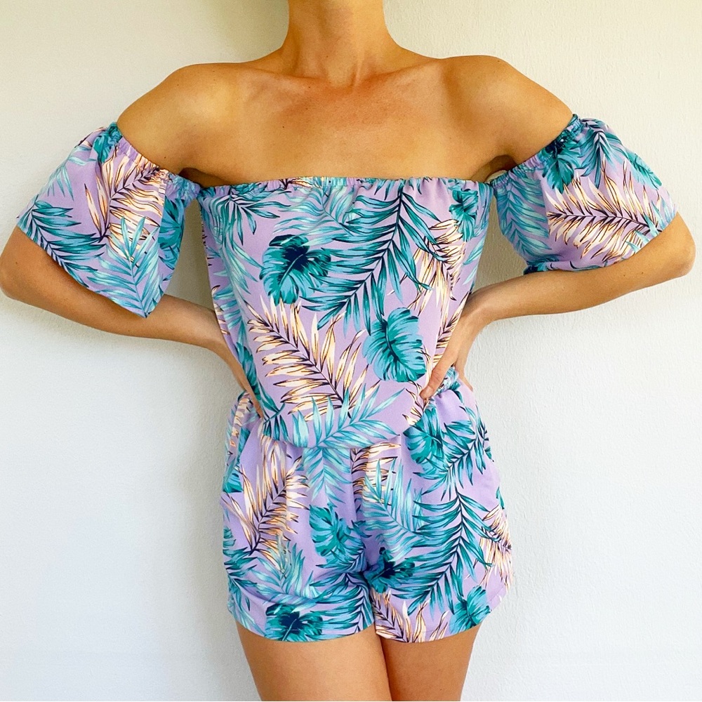 Tyche purple tropical leaf print off shoulder romper size small